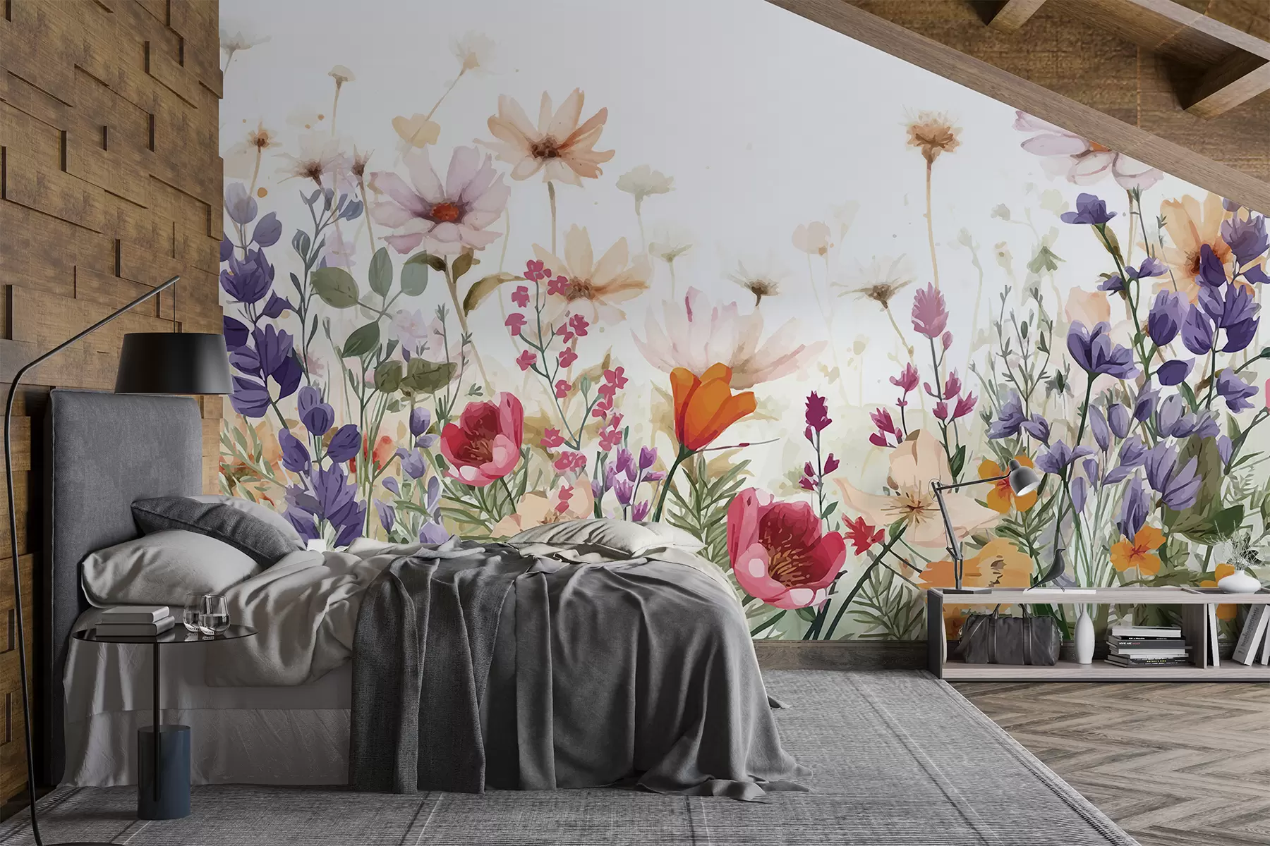 murales de pared Un campo de coloridas flores silvestres abstractas incluyendo amapolas, margaritas y otras plantas en flor sobre fondo blanco w08333