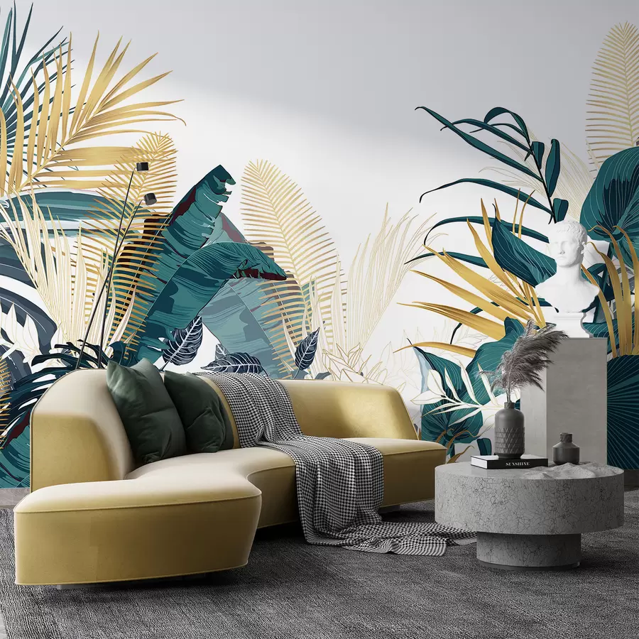murales de pared Un exuberante follaje verde tropical, que incluye hojas de palmera, helechos y otras plantas exóticas de colores verde oscuro y naranja w08338