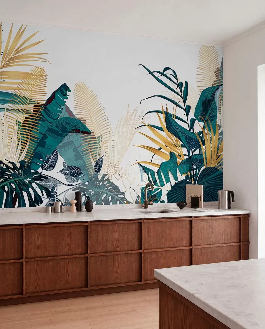 murales de pared Un exuberante follaje verde tropical, que incluye hojas de palmera, helechos y otras plantas exóticas de colores verde oscuro y naranja w08338