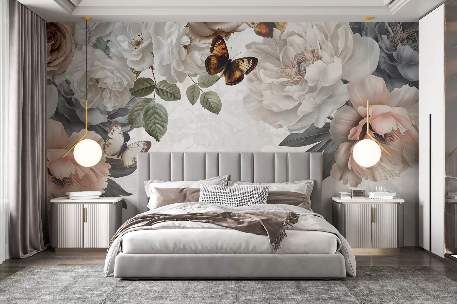 murales de pared Grandes flores de peonía blancas y rosas con una mariposa posada en una de las flores sobre un fondo suave y difuminado w08340