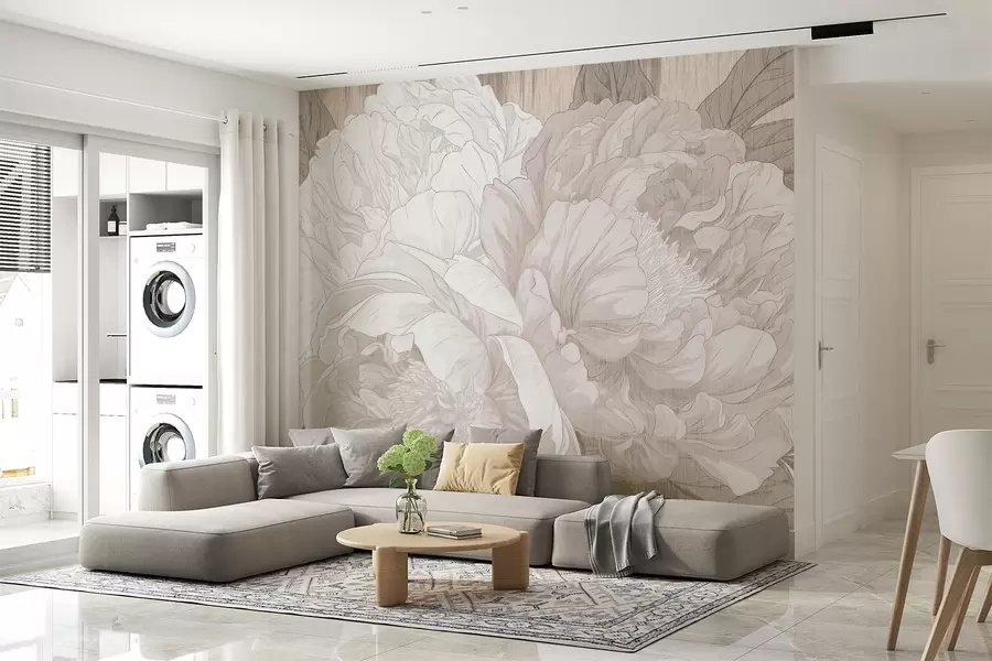 murales de pared Grandes flores de peonía texturizadas en tonos beige w01141
