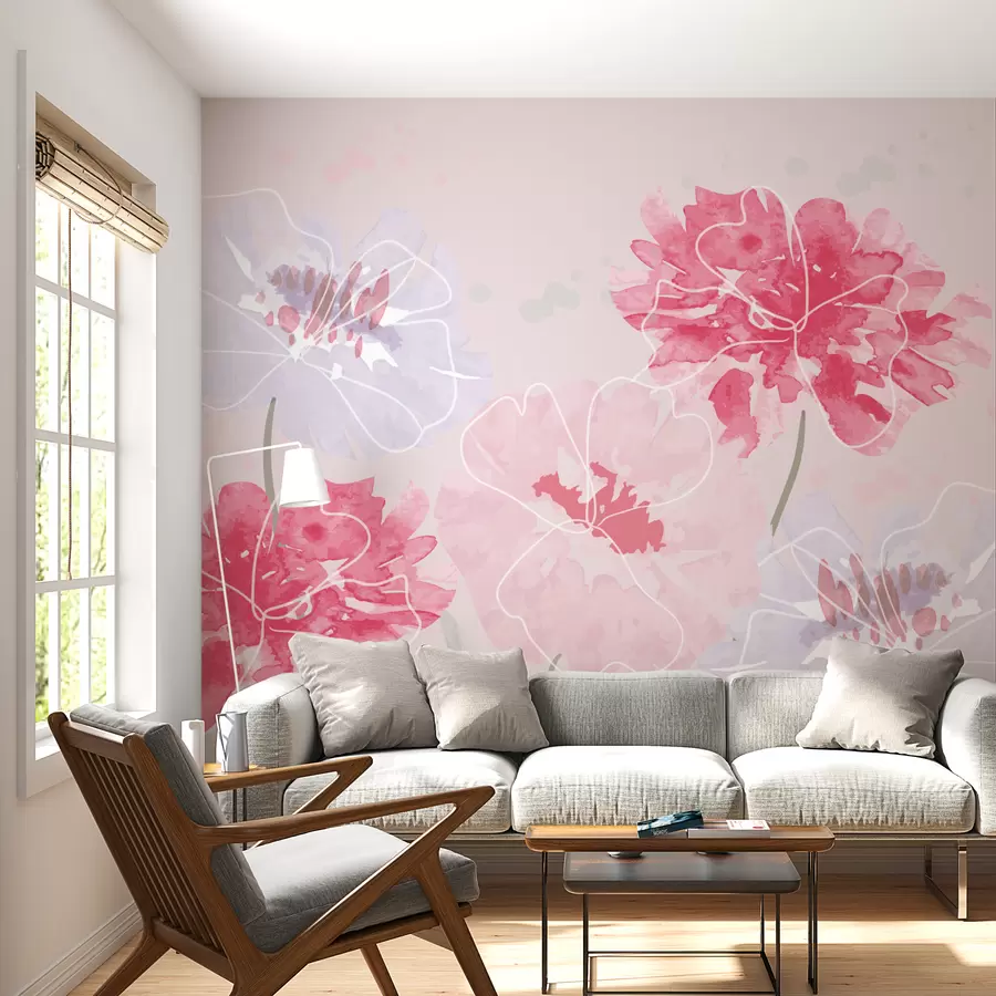 murales de pared flores rosas y moradas en acuarela w01159