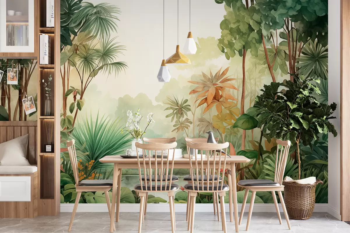 murales de pared Acuarela selva bosque, palmeras, lago, vegetación w01784