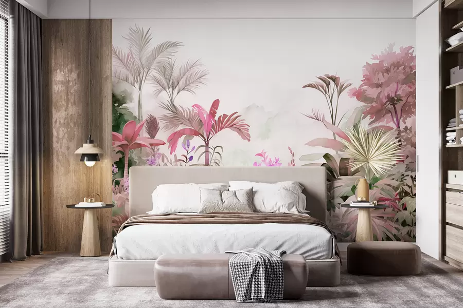 murales de pared Selva, acuarela, palmeras, floral, colores rosados w01785v1