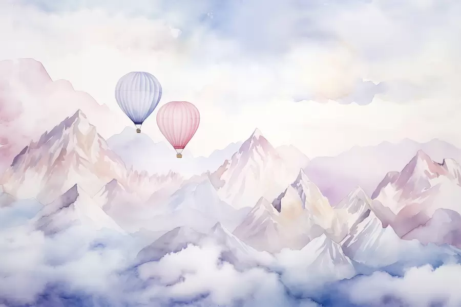 murales de pared Montañas de acuarela con globos de aire, etéreo  w01786