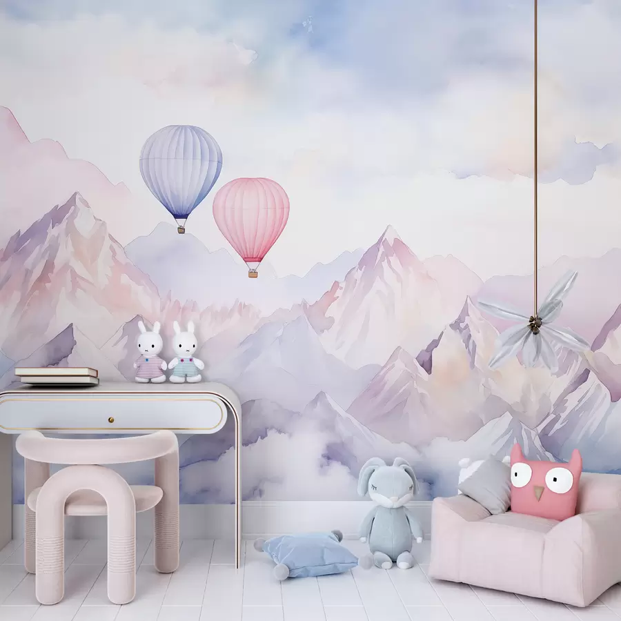 murales de pared Montañas de acuarela con globos de aire, etéreo  w01786