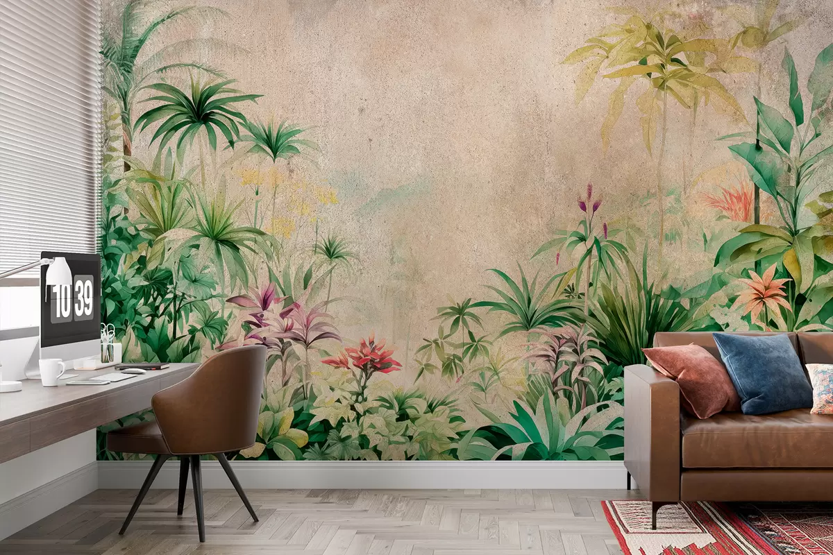 murales de pared Selva, acuarela, palmeras, floral, fondo beige  w01788