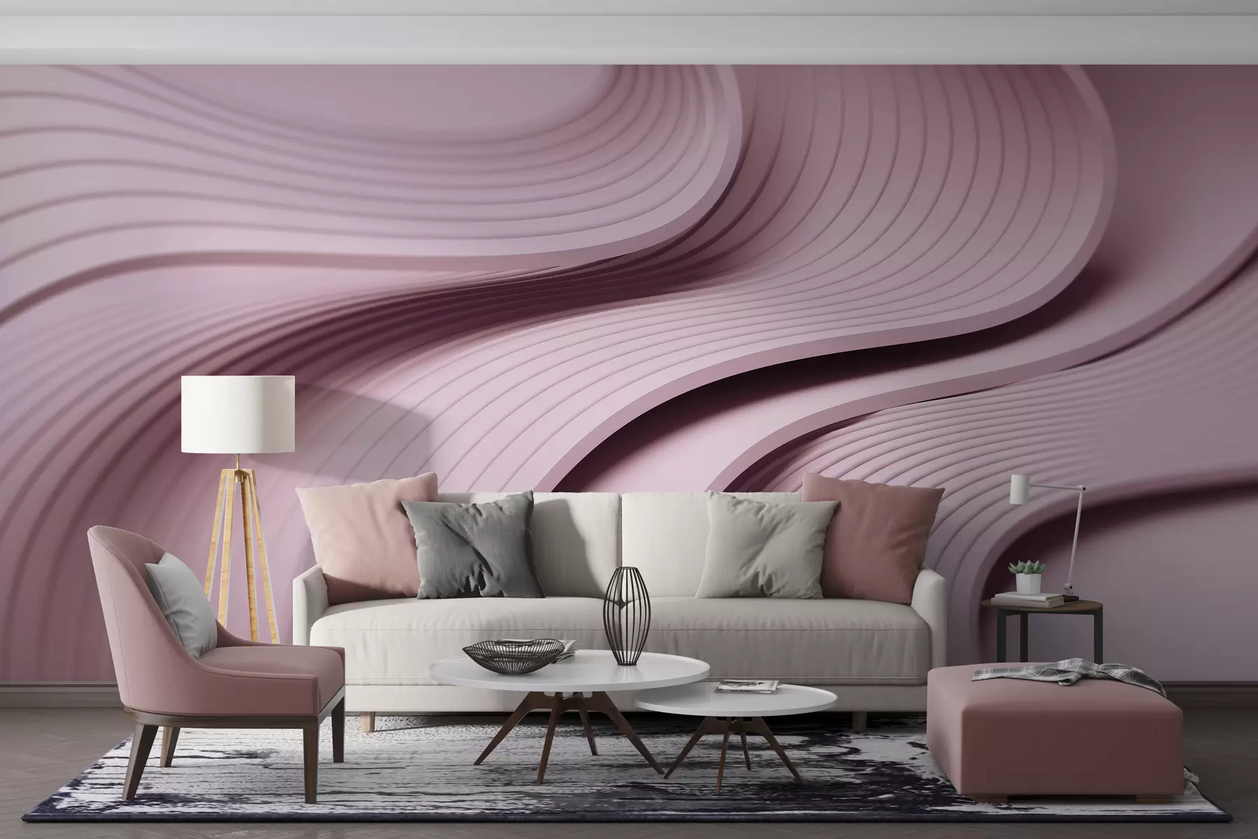 murales de pared Elegantes ondas voluminosas en estilo 3D en tonos empolvados w01147v1