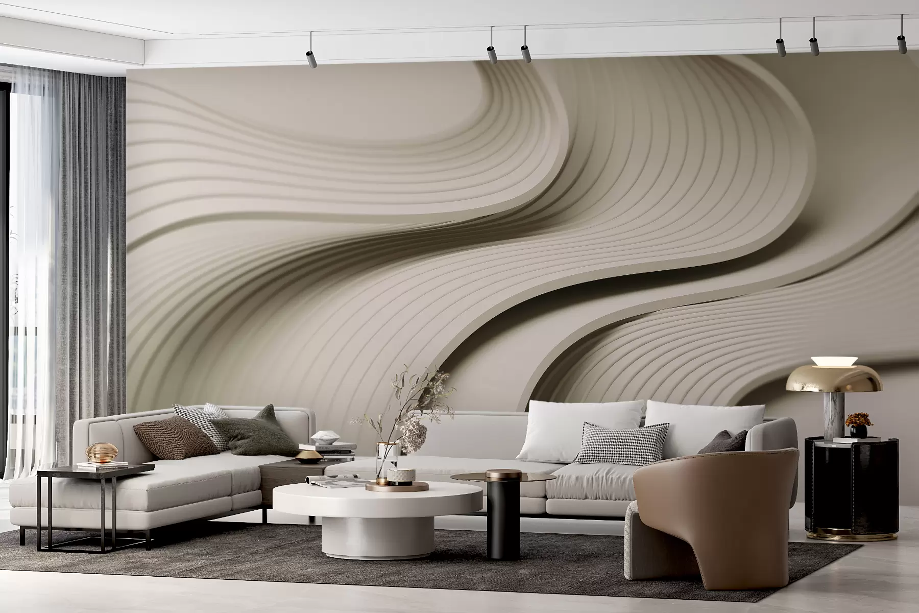 murales de pared Elegantes ondas voluminosas en estilo 3D en tonos beige w01147v2