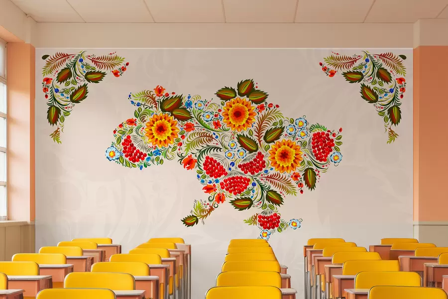 murales de pared Mapa de Ucrania pintado al estilo de Petrikov sobre fondo beige claro w01149