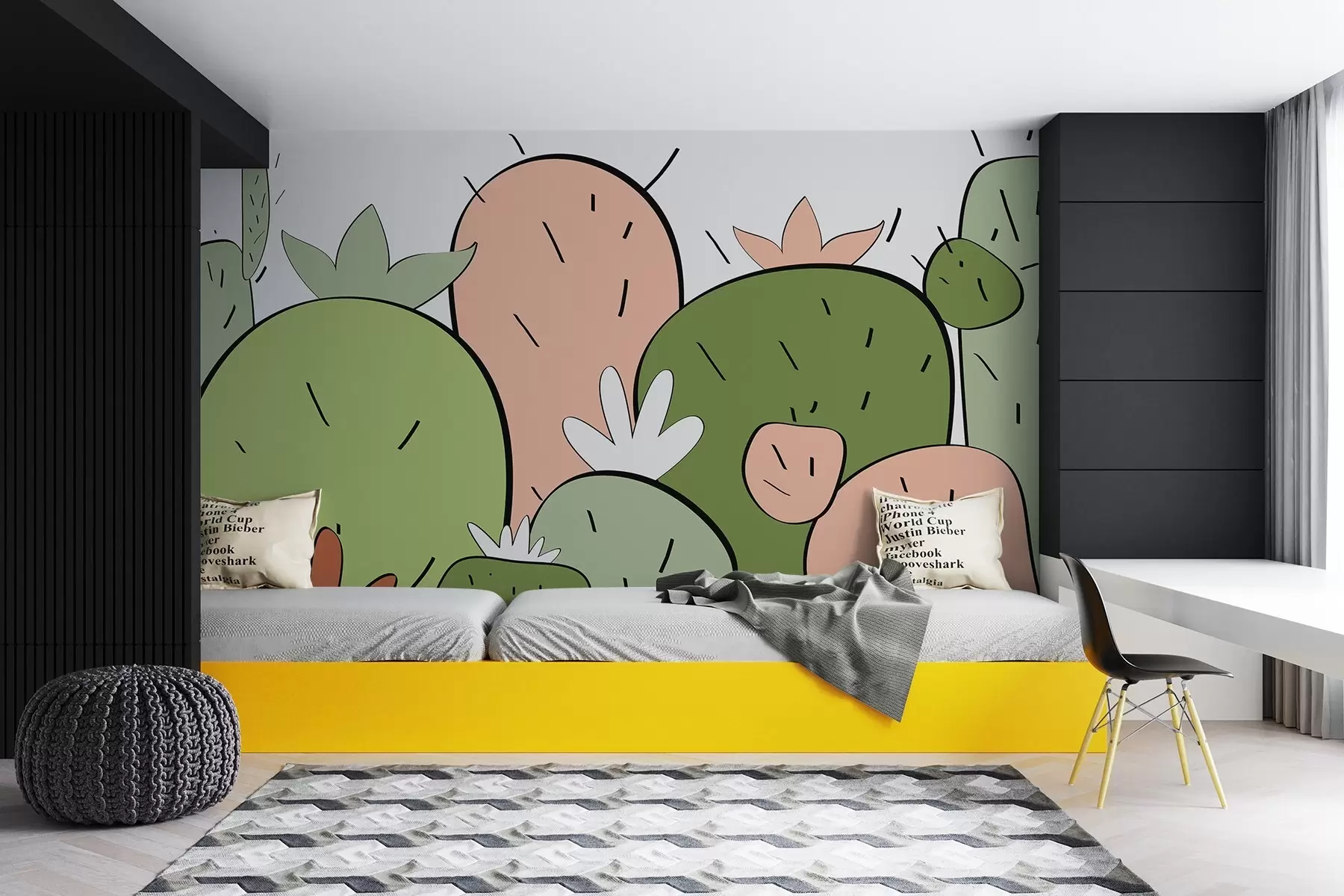 murales de pared Cactus dibujo lineal estilo primitivo color verde rosa w01856