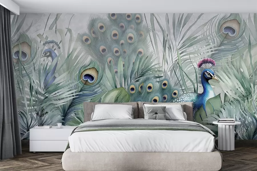 murales de pared Un par de coloridos pavos reales rodeados de exuberante follaje verde acuarela y vibrantes flores sobre fondo gris w08345