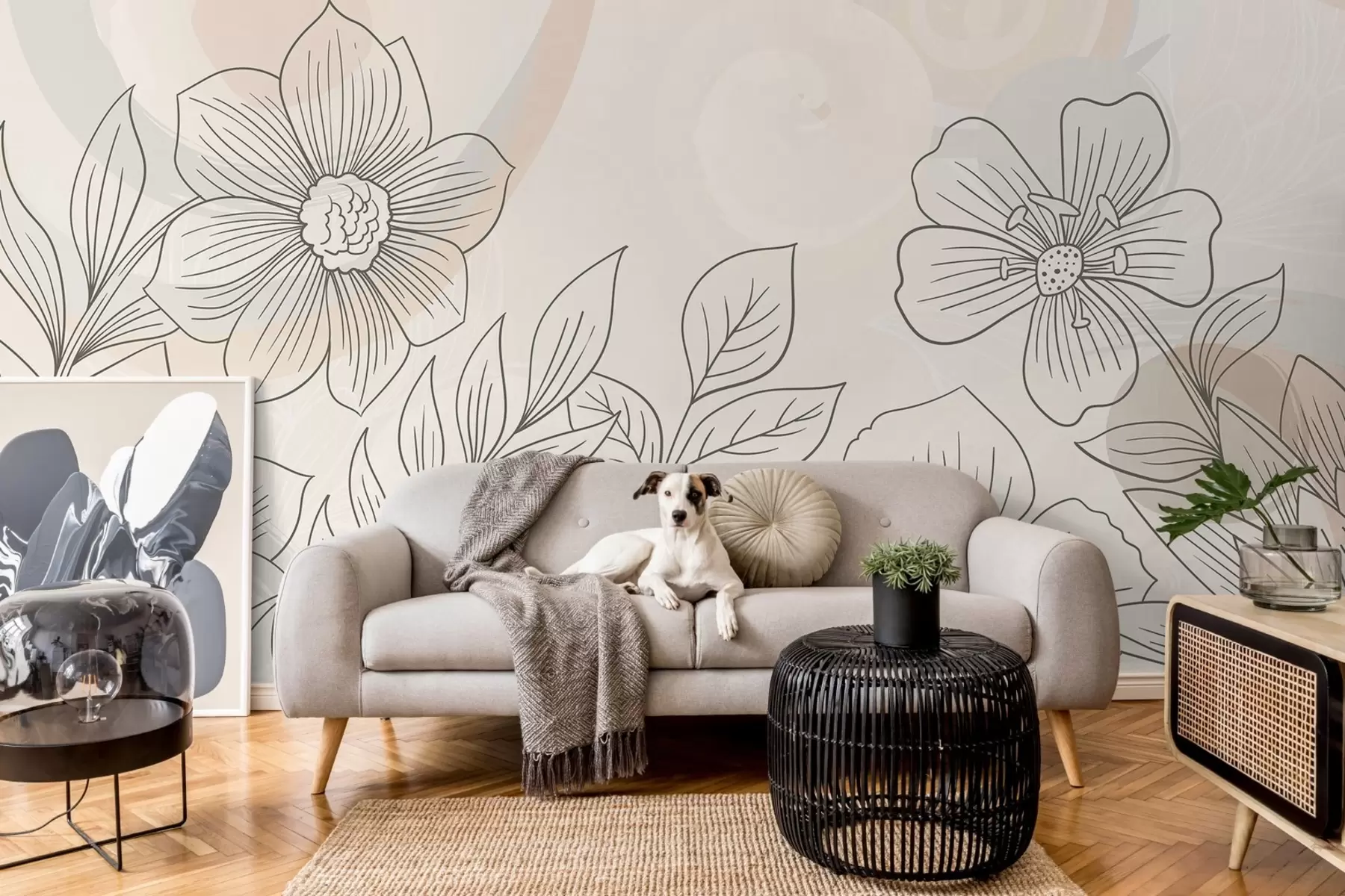 murales de pared Grandes flores lineales, fondo beige w08367