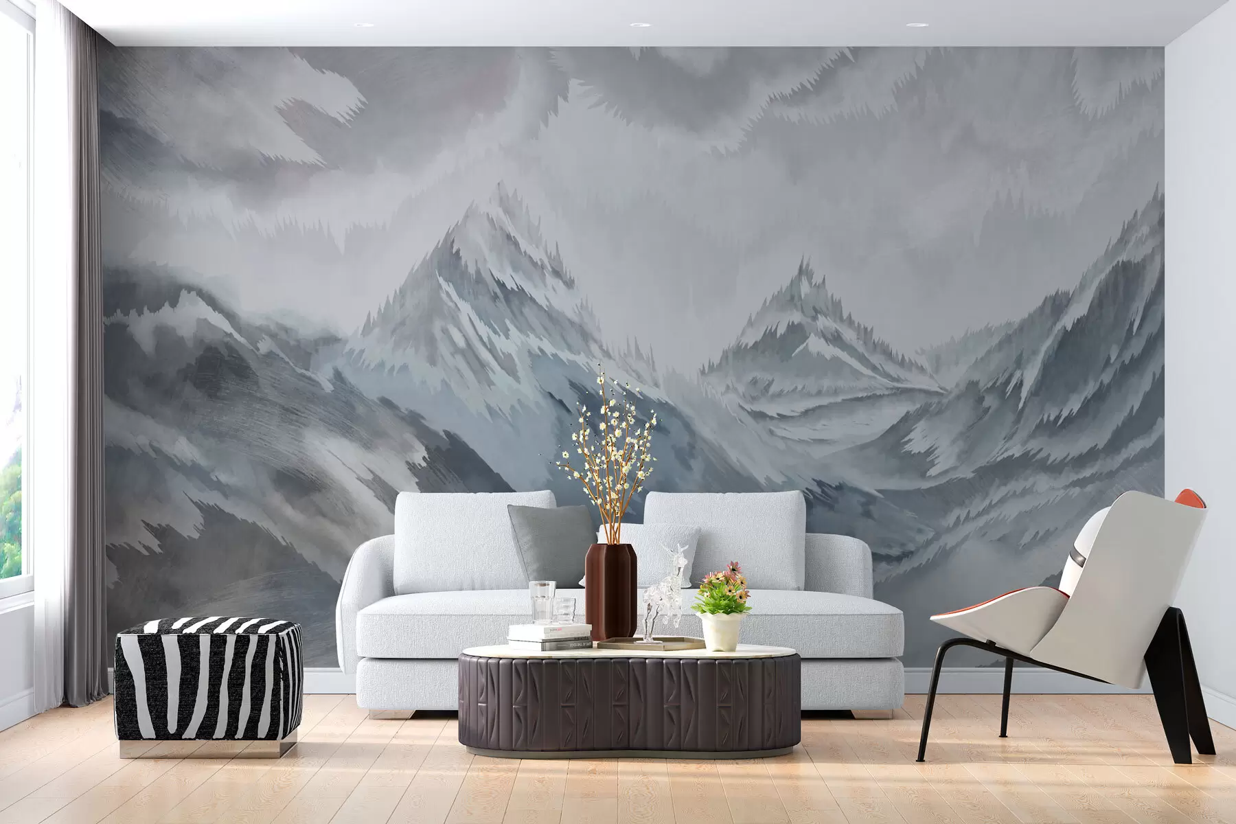 murales de pared Ventisca en las montañas en estilo grunge y en colores azul claro y beige w01763v4