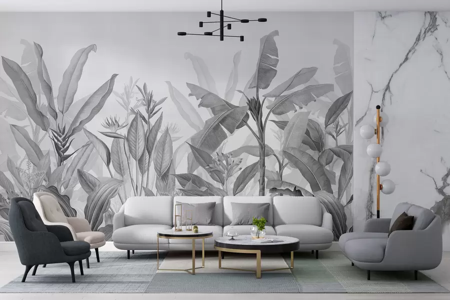 murales de pared Hojas y flores tropicales en blanco y negro sobre fondo claro w01834v3