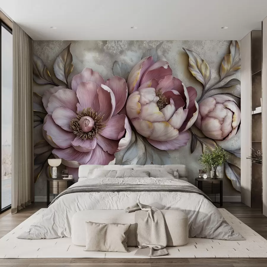 murales de pared Peonías florales moradas con hojas y pétalos en colores pastel apagados, estilo vintage w01825