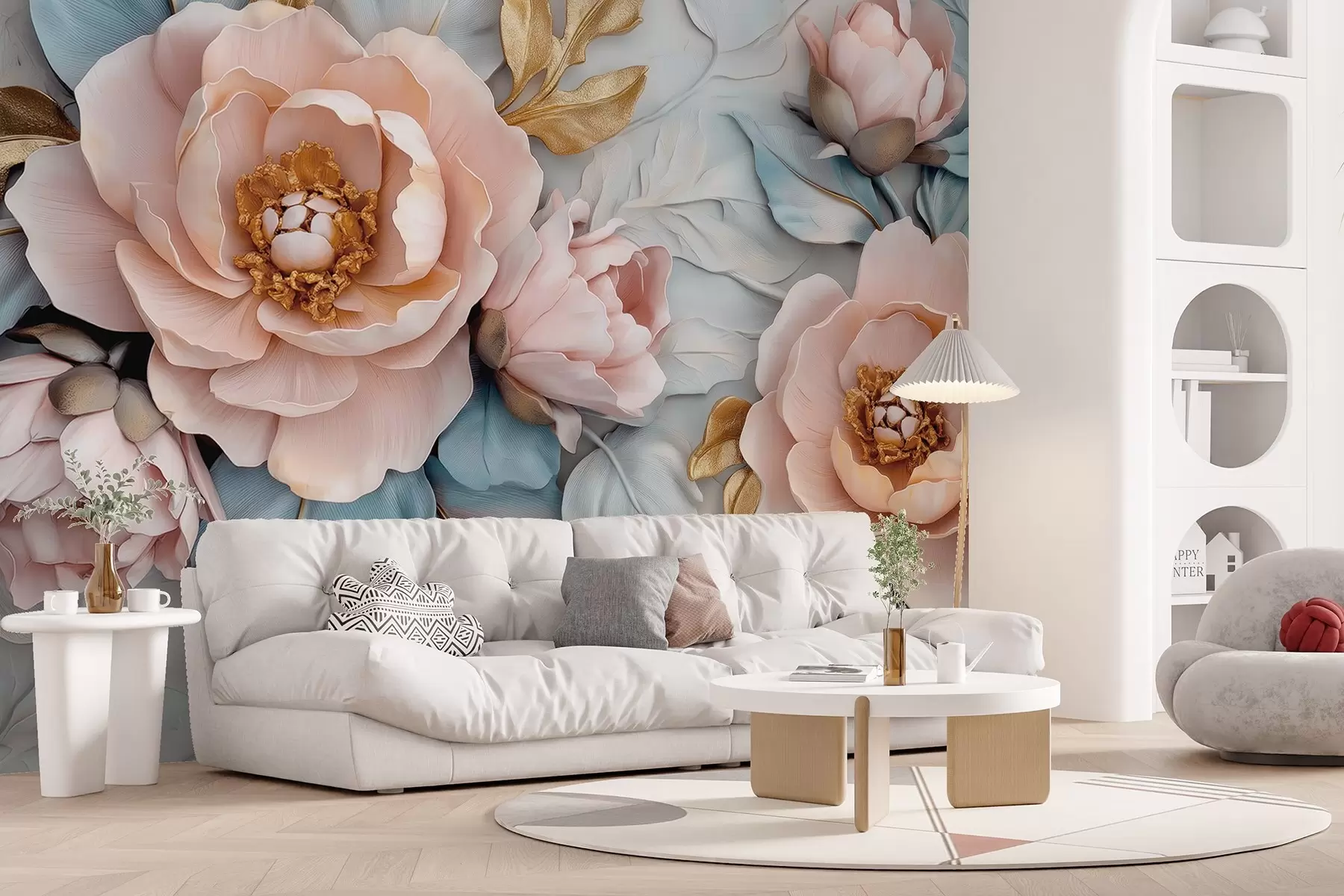 murales de pared Lujosos pétalos y peonías rosas en tonos azul y rosa pastel w01826