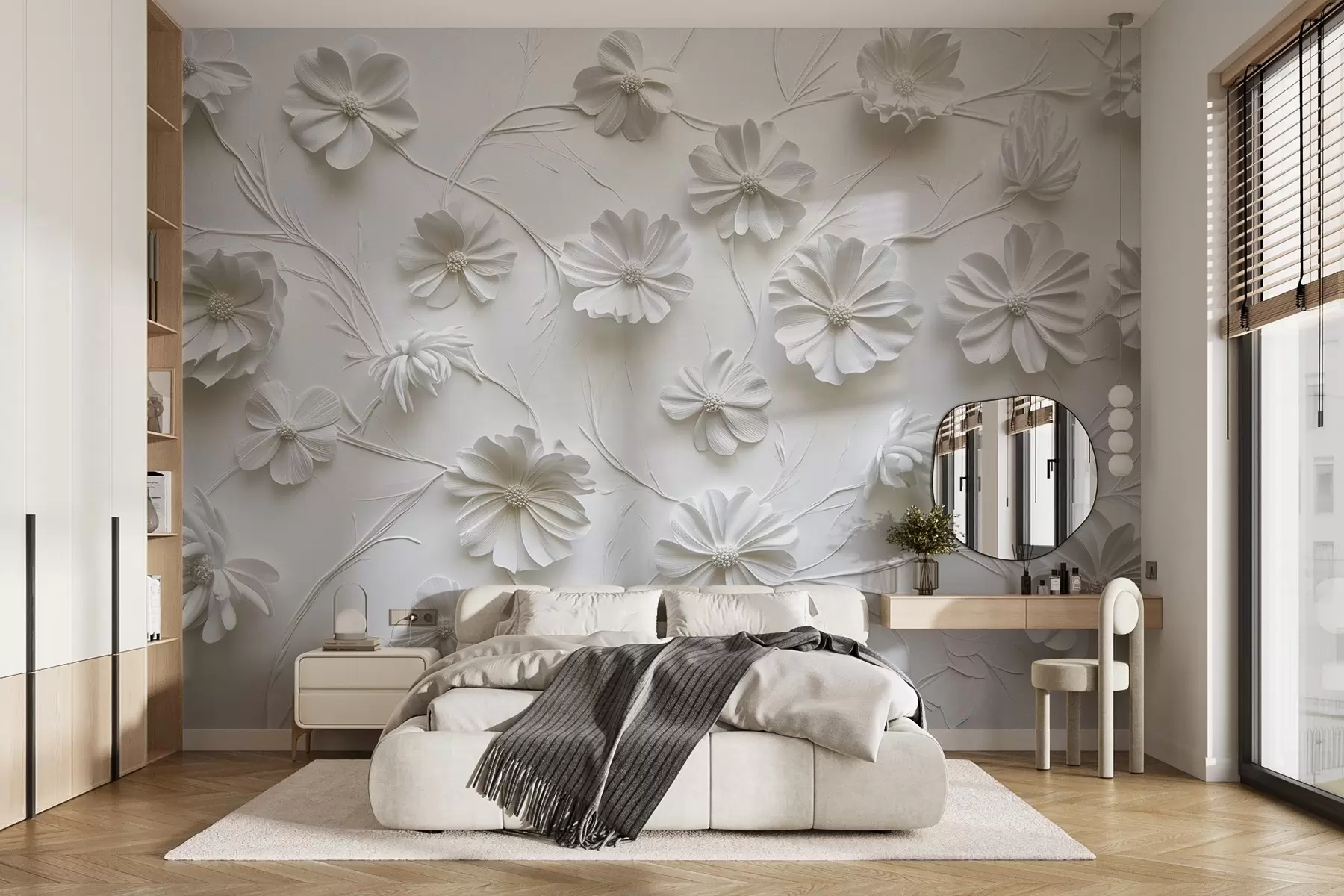 murales de pared Composición de flores blancas en relieve de estilo minimalista y sofisticado w01828