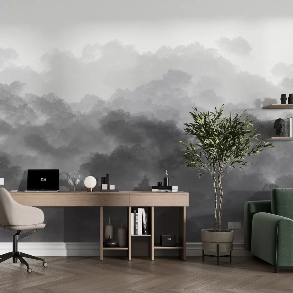 murales de pared Bosque en la niebla, paisajes de naturaleza, color gris w01880v3
