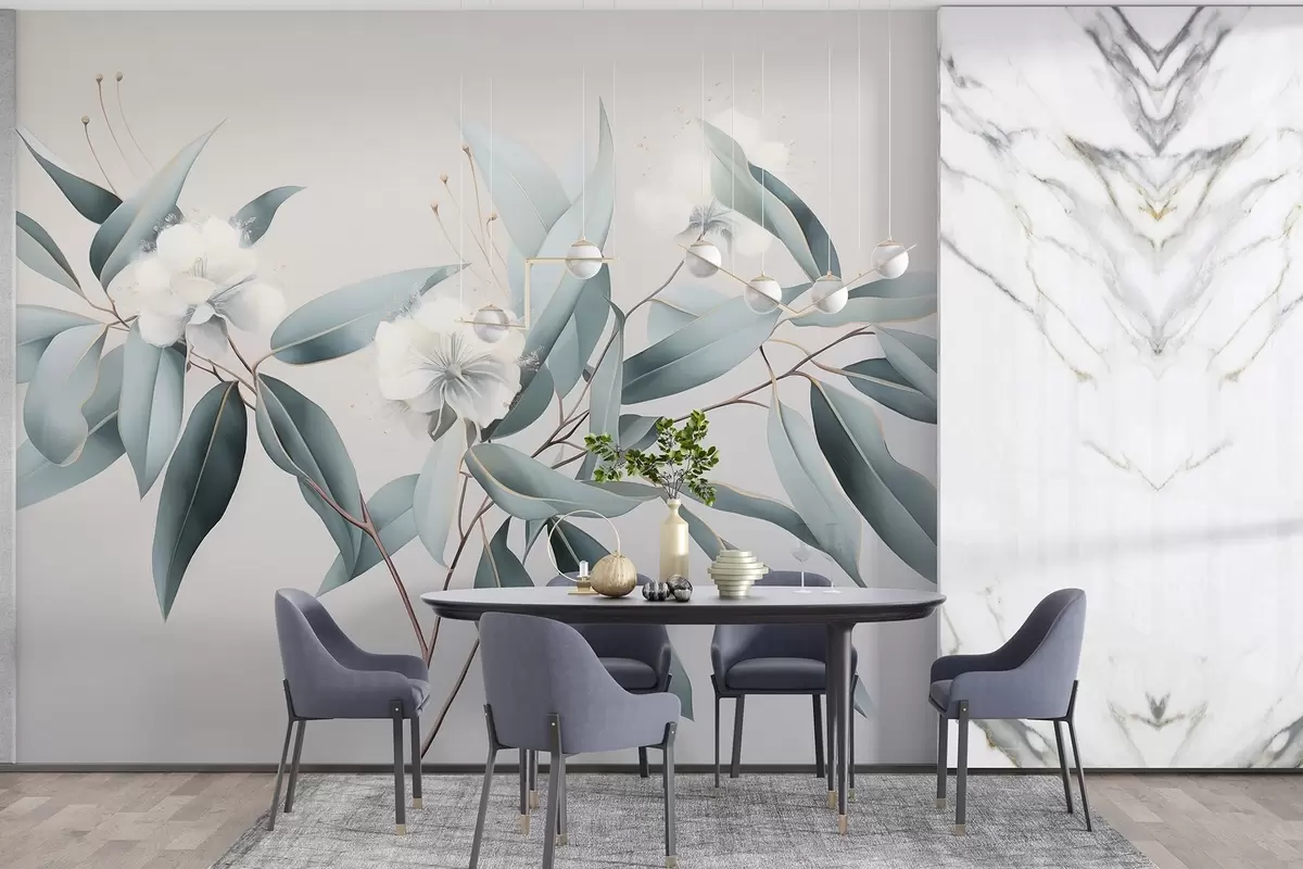 murales de pared Flores de algodón, naturaleza, dibujo acrílico, colores grises suaves w01884