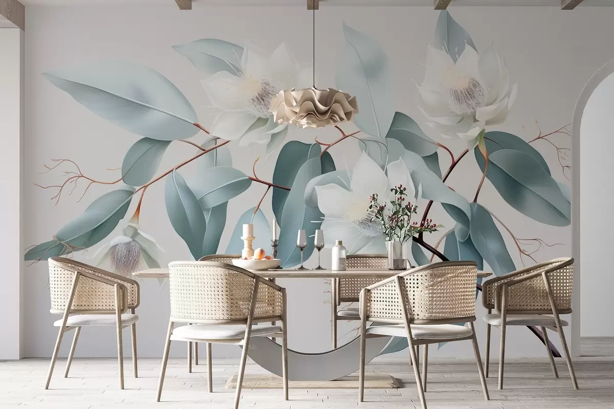 murales de pared Flores de jazmín en la rama, acrílico, colores grises suaves w01885