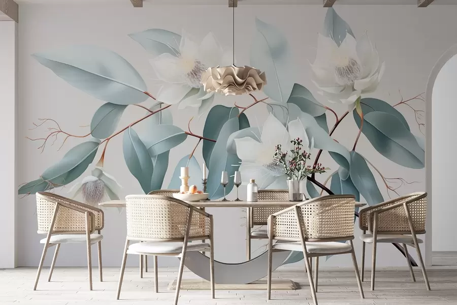 murales de pared Flores de jazmín en la rama, acrílico, colores grises suaves w01885