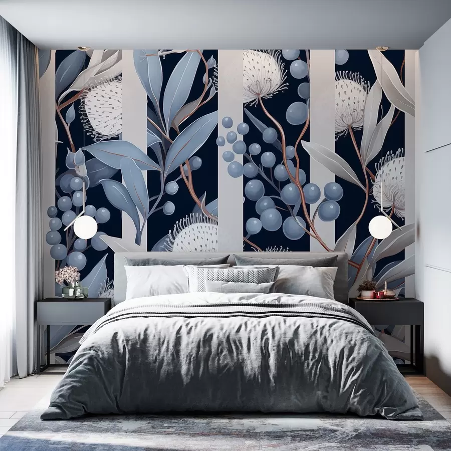 murales de pared Adorno de flores con bayas silvestres, vintage, colores azul y gris w01886