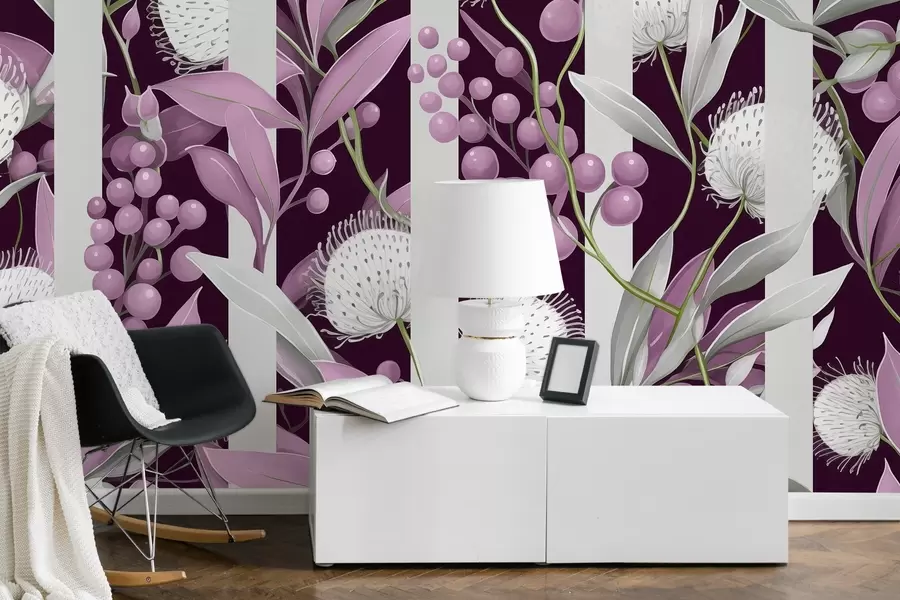 murales de pared Adorno de flores con bayas silvestres, vintage, colores rosa y verde w01886v1