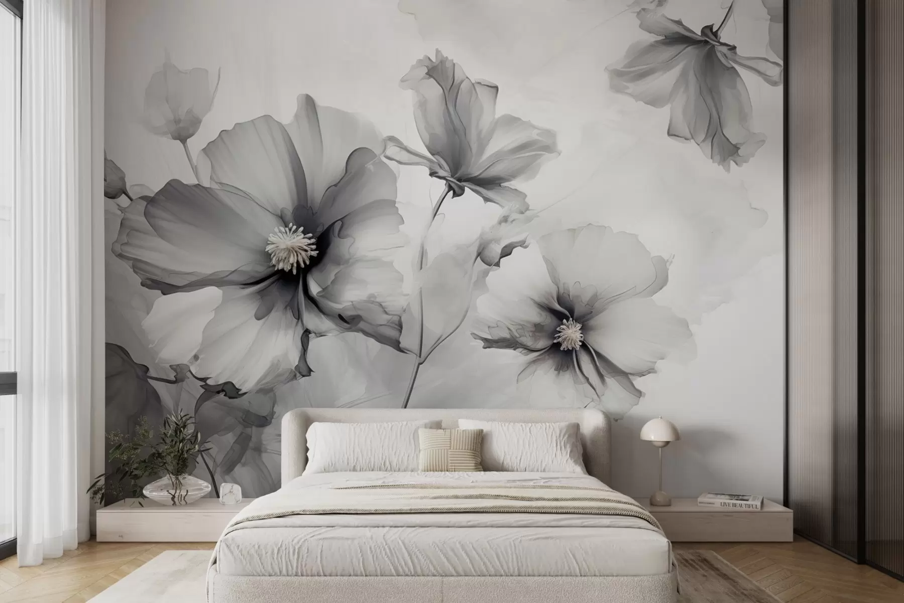 murales de pared Aireadas flores grises translúcidas que se disuelven en la luz de la mañana w01938