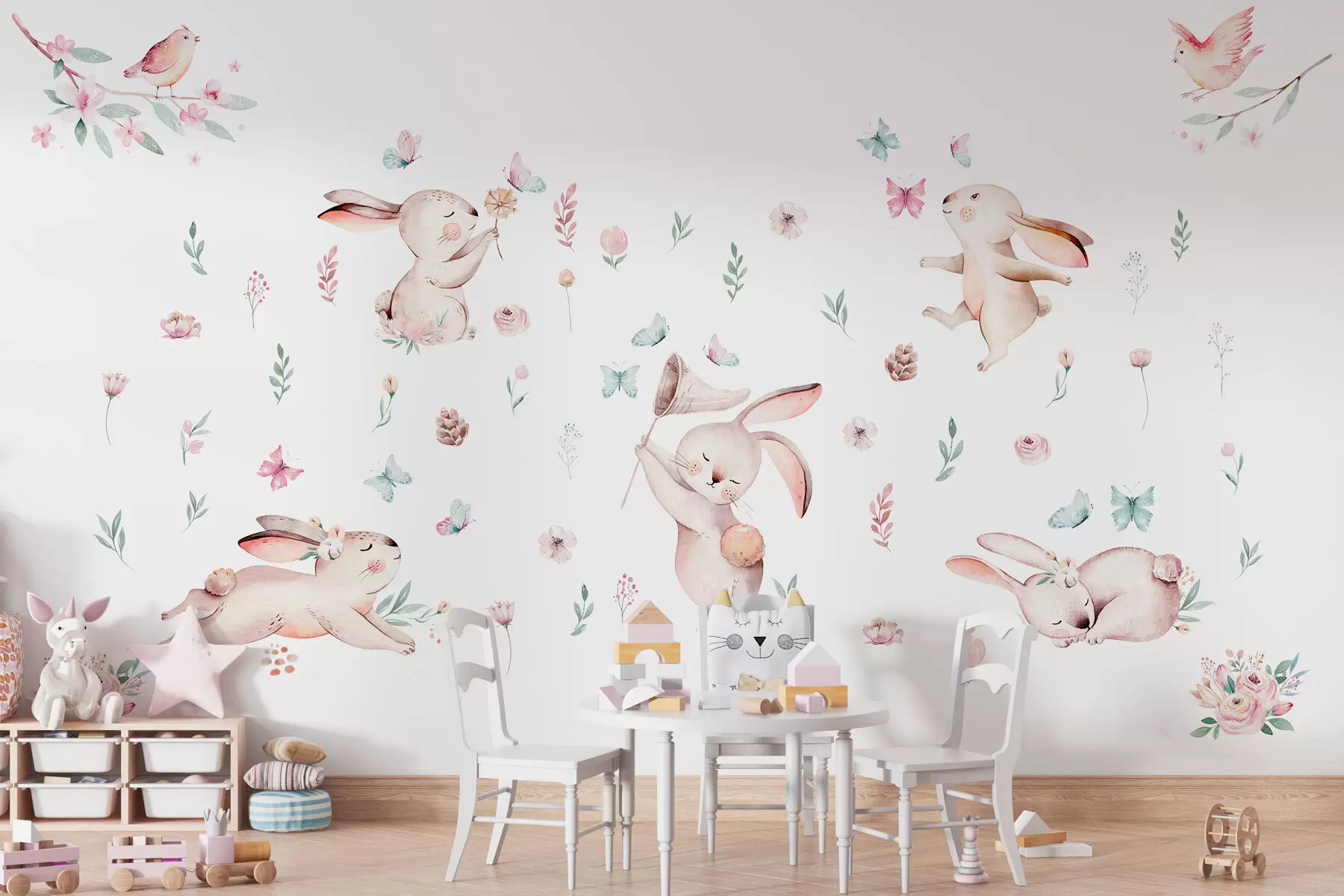 murales de pared Conejitos de cuento en flores w02025