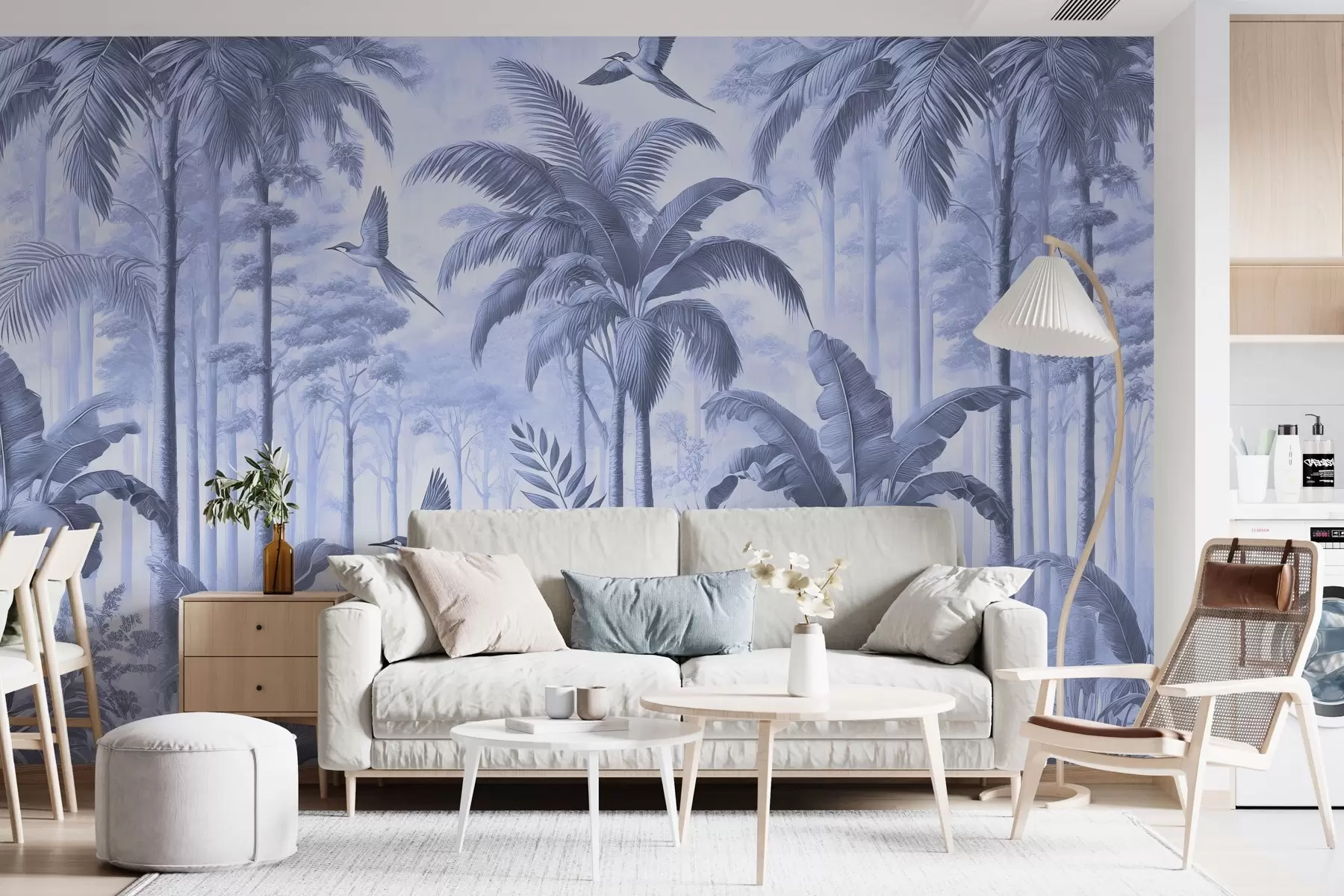 murales de pared Panorama con paisaje tropical y aves en tonos azules w01957v1