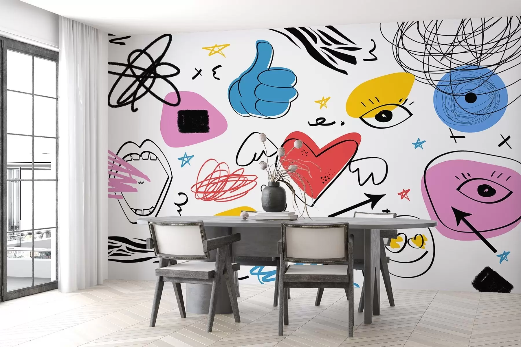 murales de pared Dibujo de signos y símbolos tácticos, confusión, líneas, color azul, amarillo, rojo, rosa w01940