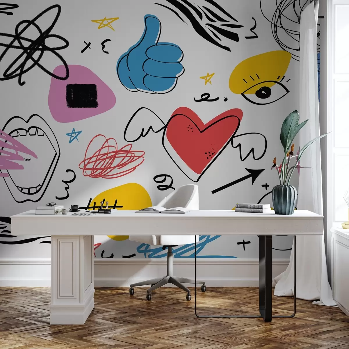 murales de pared Dibujo de signos y símbolos tácticos, confusión, líneas, color azul, amarillo, rojo, rosa w01940