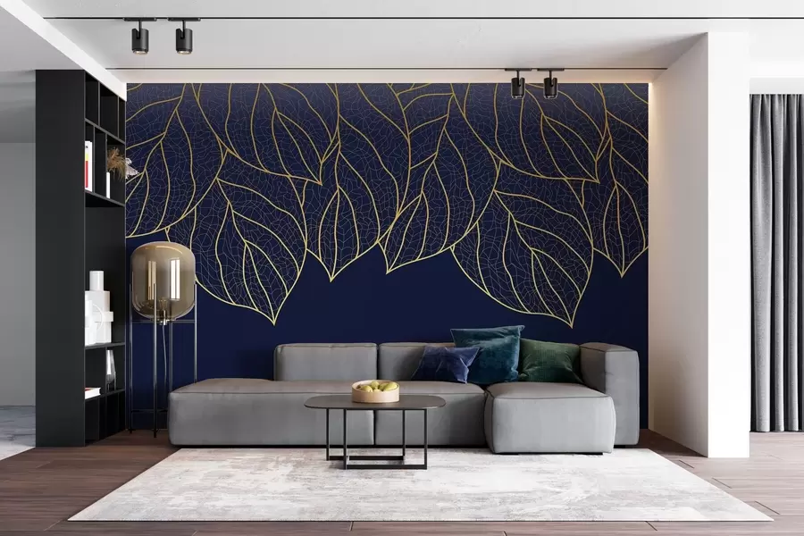 murales de pared Papel pintado minimalista siluetas de grandes hojas amarillas veteadas sobre fondo azul  w01960v3