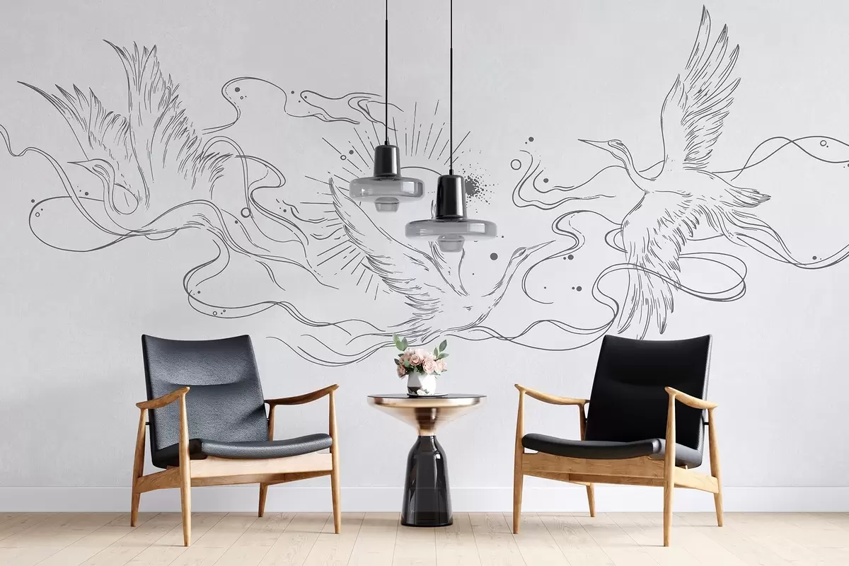 murales de pared Pájaros voladores, dibujo lineal, minimalismo, paleta de colores grises w02022v2