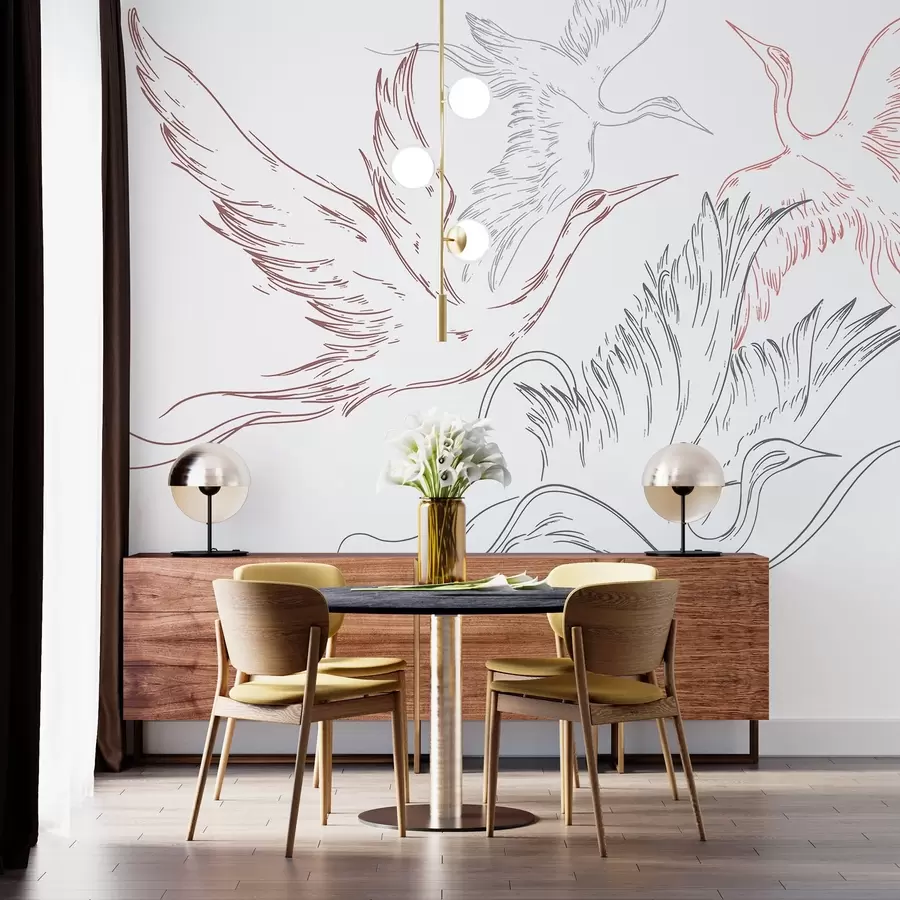 murales de pared Pájaros volando, minimalismo, arte lineal, naturaleza, colores gris y rojo w02061v1