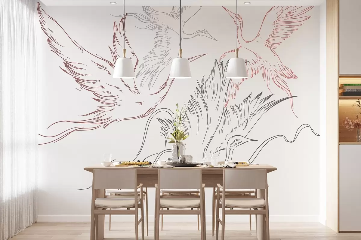 murales de pared Pájaros volando, minimalismo, arte lineal, naturaleza, colores gris y rojo w02061v1