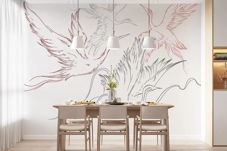 murales de pared Pájaros volando, minimalismo, arte lineal, naturaleza, colores gris y rojo w02061v1