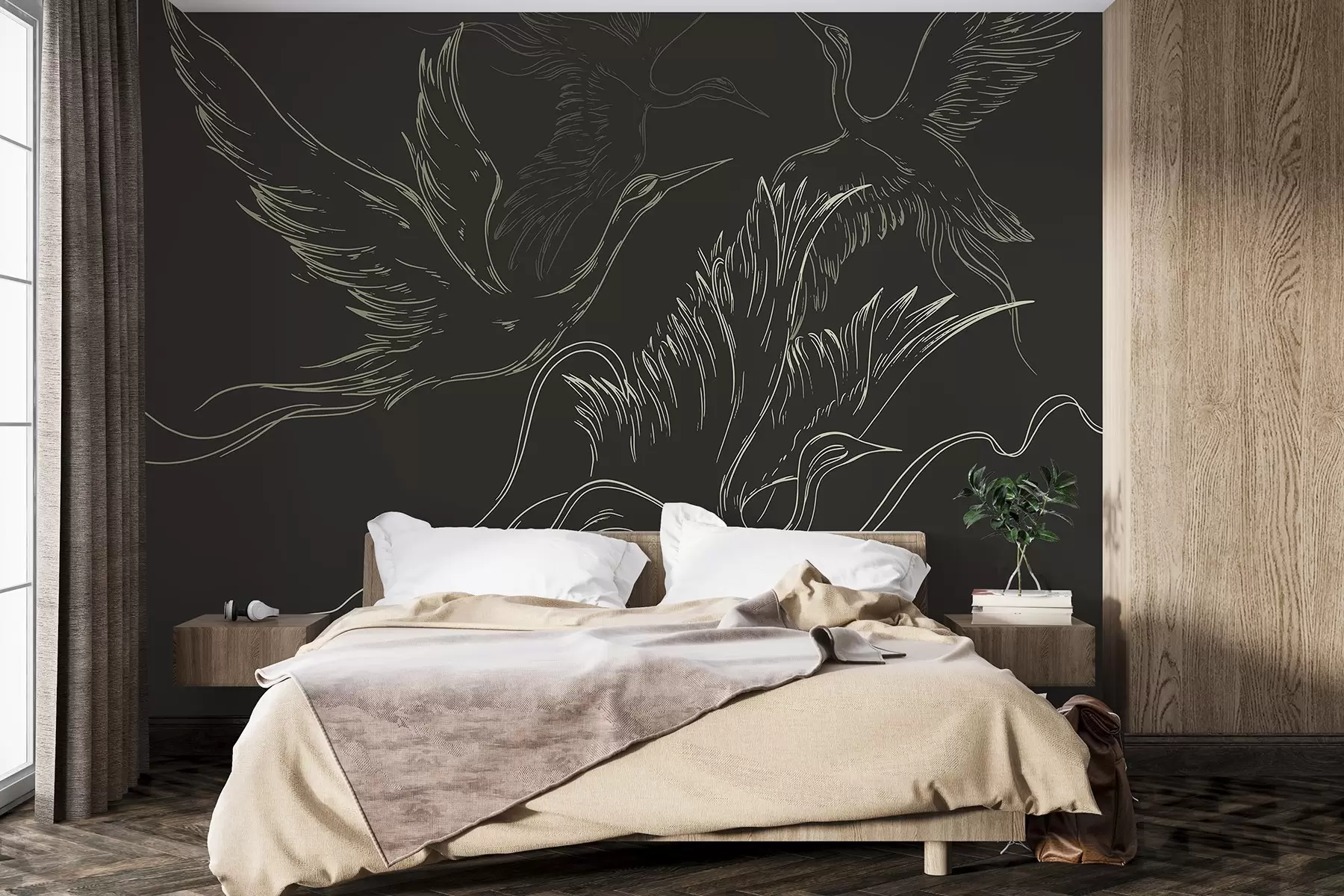 murales de pared Pájaros volando, minimalismo, arte lineal, naturaleza, fondo oscuro w02061v3