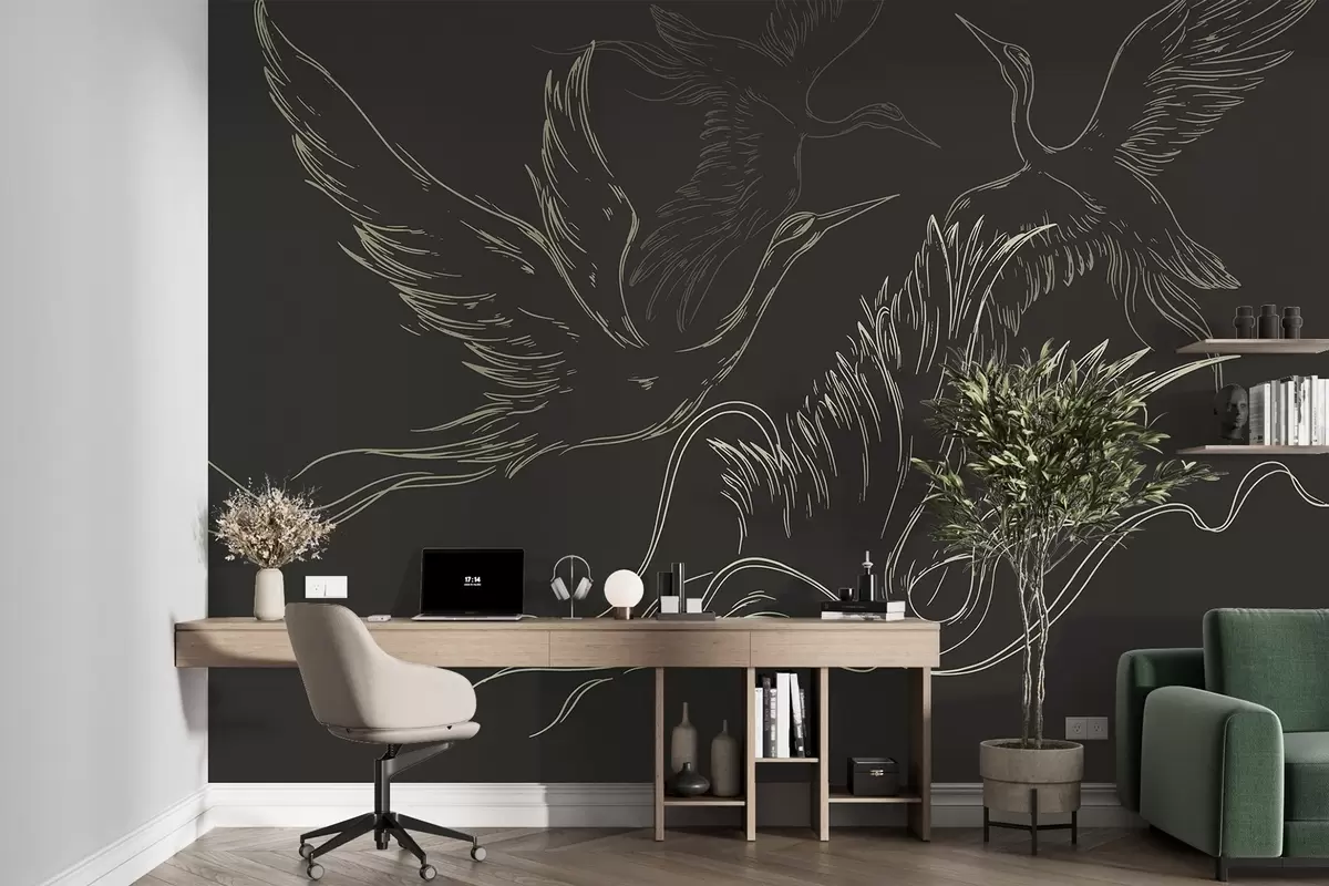 murales de pared Pájaros volando, minimalismo, arte lineal, naturaleza, fondo oscuro w02061v3
