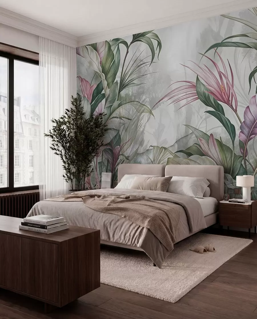 murales de pared Follaje rosa y verde w08375