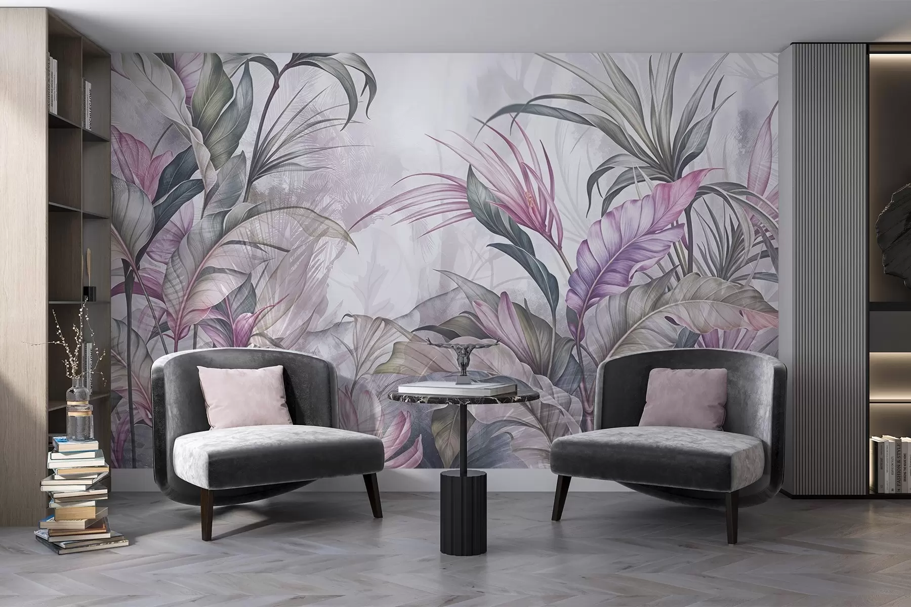 murales de pared Selva tropical con grandes hojas verdes y flores de protea rosa con fondo borroso texturizado w08375v1