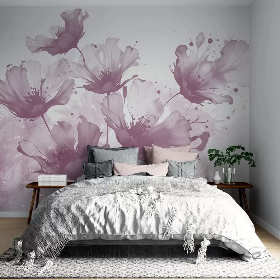 murales de pared Delicadas flores rosas con pétalos suaves y difuminados y salpicaduras de acuarela sobre un fondo claro w08376v2