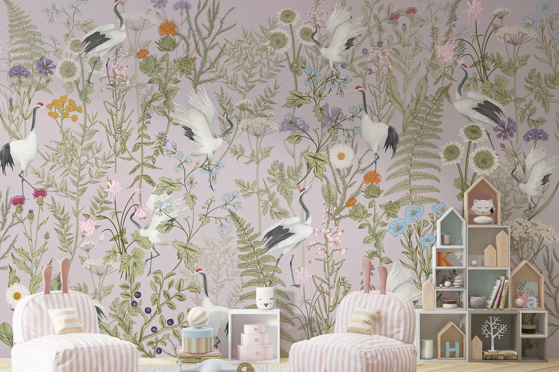 murales de pared Elegantes grullas entre flores vibrantes w00380v3