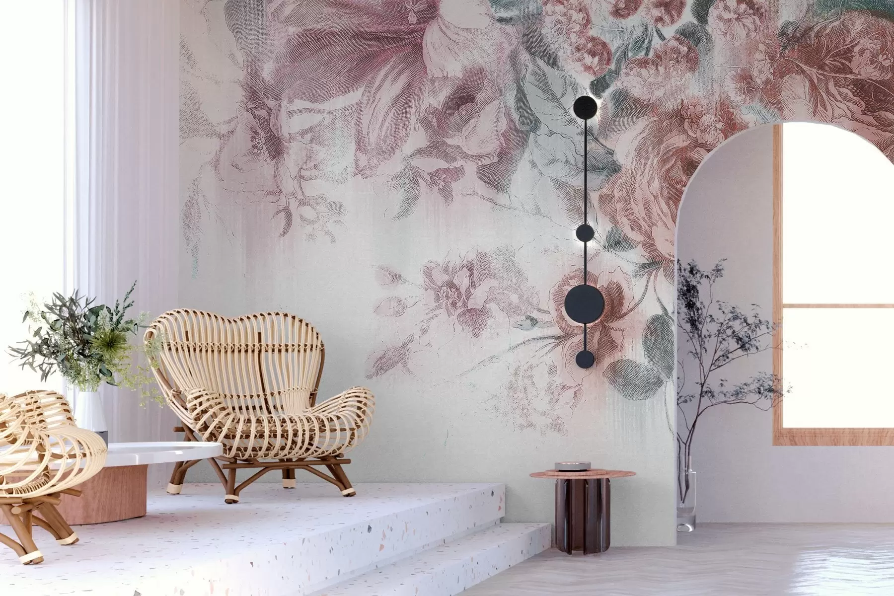 murales de pared Delicado diseño de arreglo floral en tonos pastel w00389