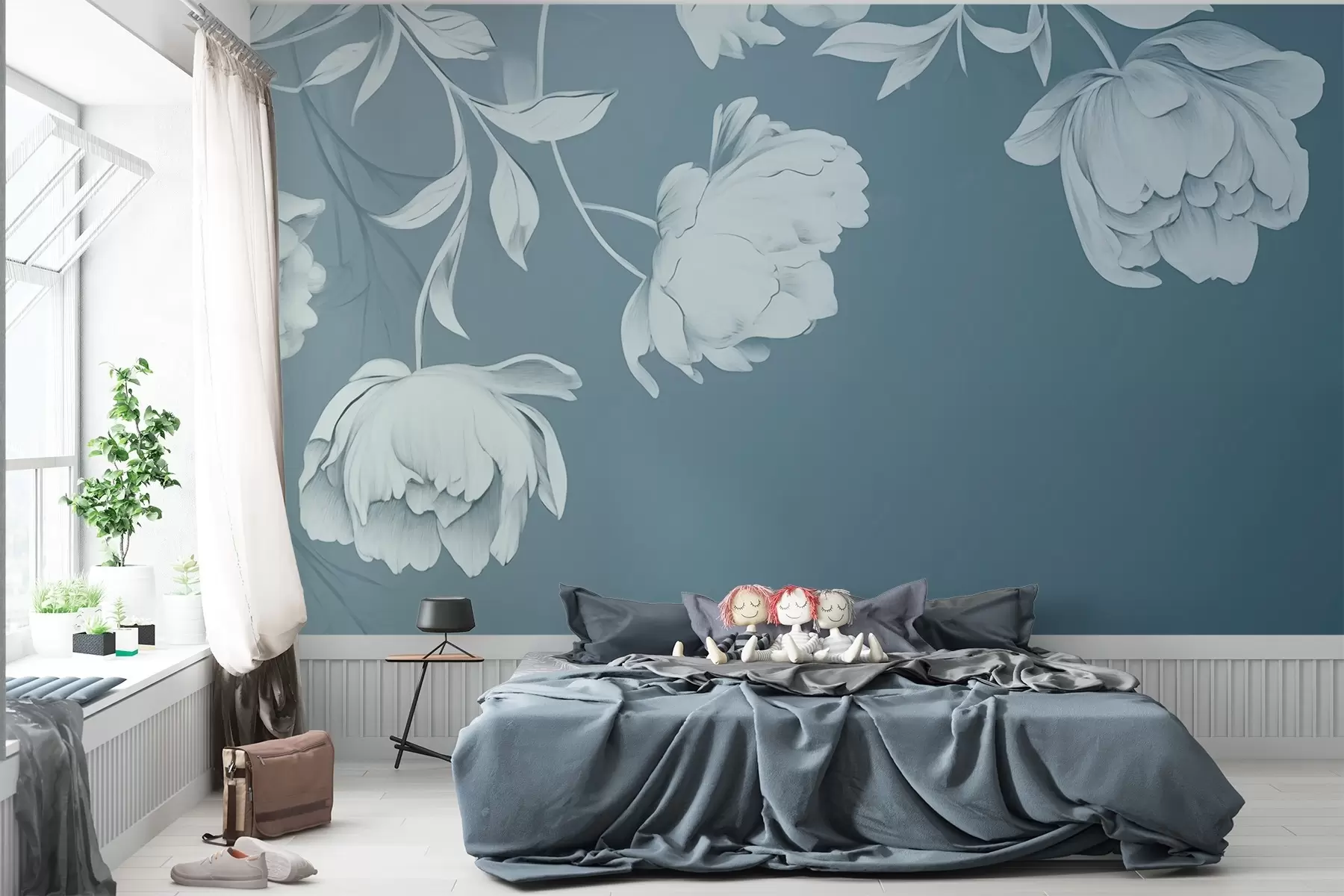 murales de pared Flores delicadas sobre fondo azul claro w02035