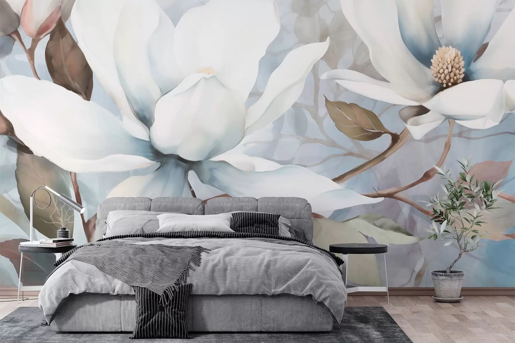 murales de pared Grandes flores blancas de magnolia w02036