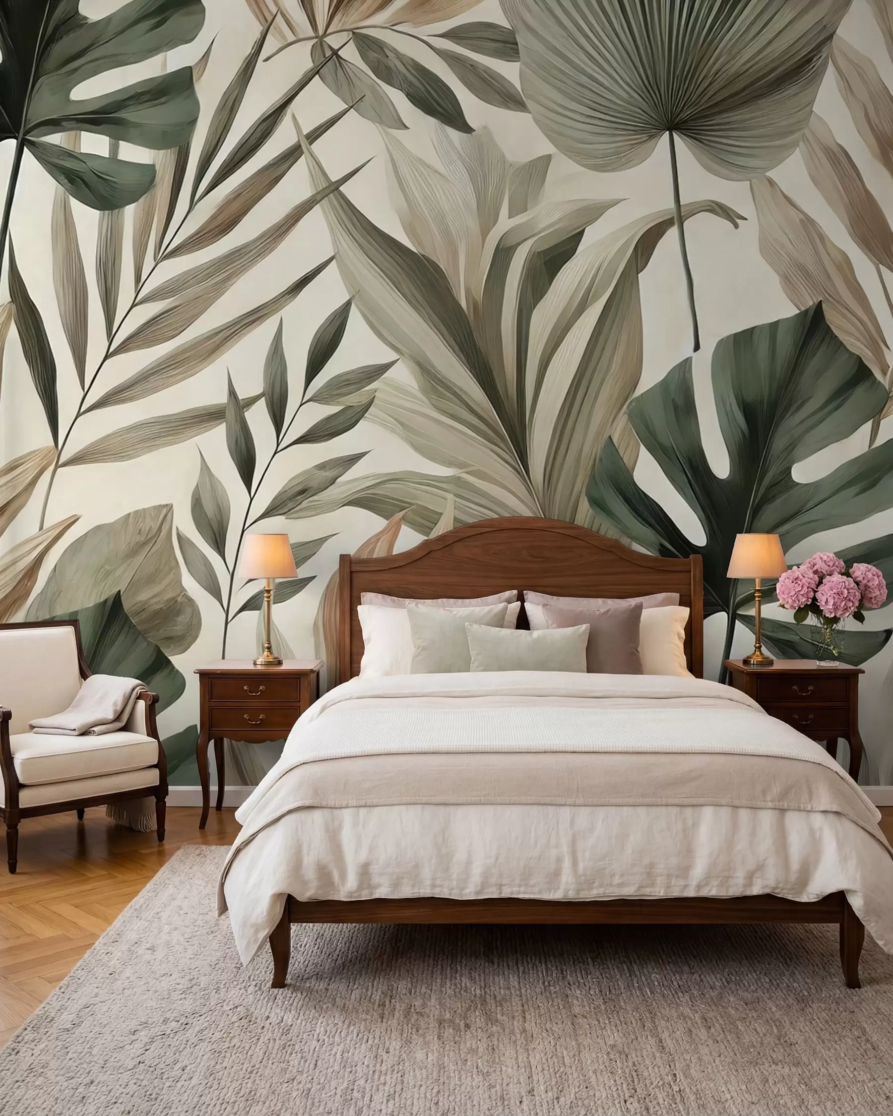 murales de pared Grandes hojas tropicales en delicados y sobrios tonos pastel w02082