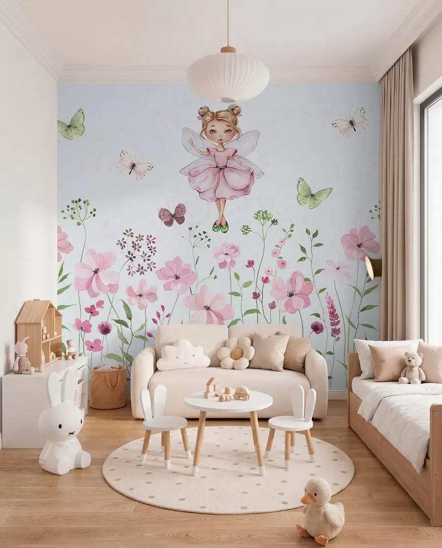 murales de pared Un hada entre flores y mariposas w01460