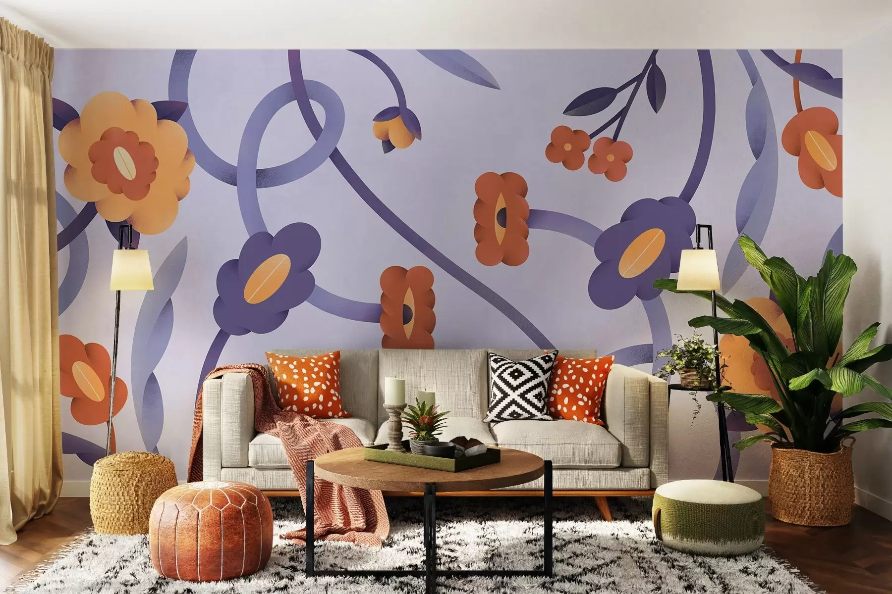 murales de pared Caprichoso diseño floral en tonos suaves u99198v2